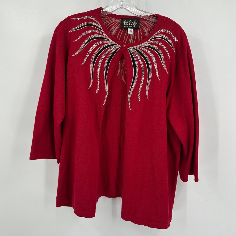 Bob Mackie Wearable Art Womens Embroidered Cardigan Sweater‎ Sz 1X Art Deco Red